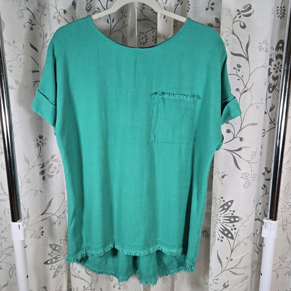 Umgee Green Oversized Linen Blend Top Size Small, Relaxed Fit‎ Linen Blend Shirt